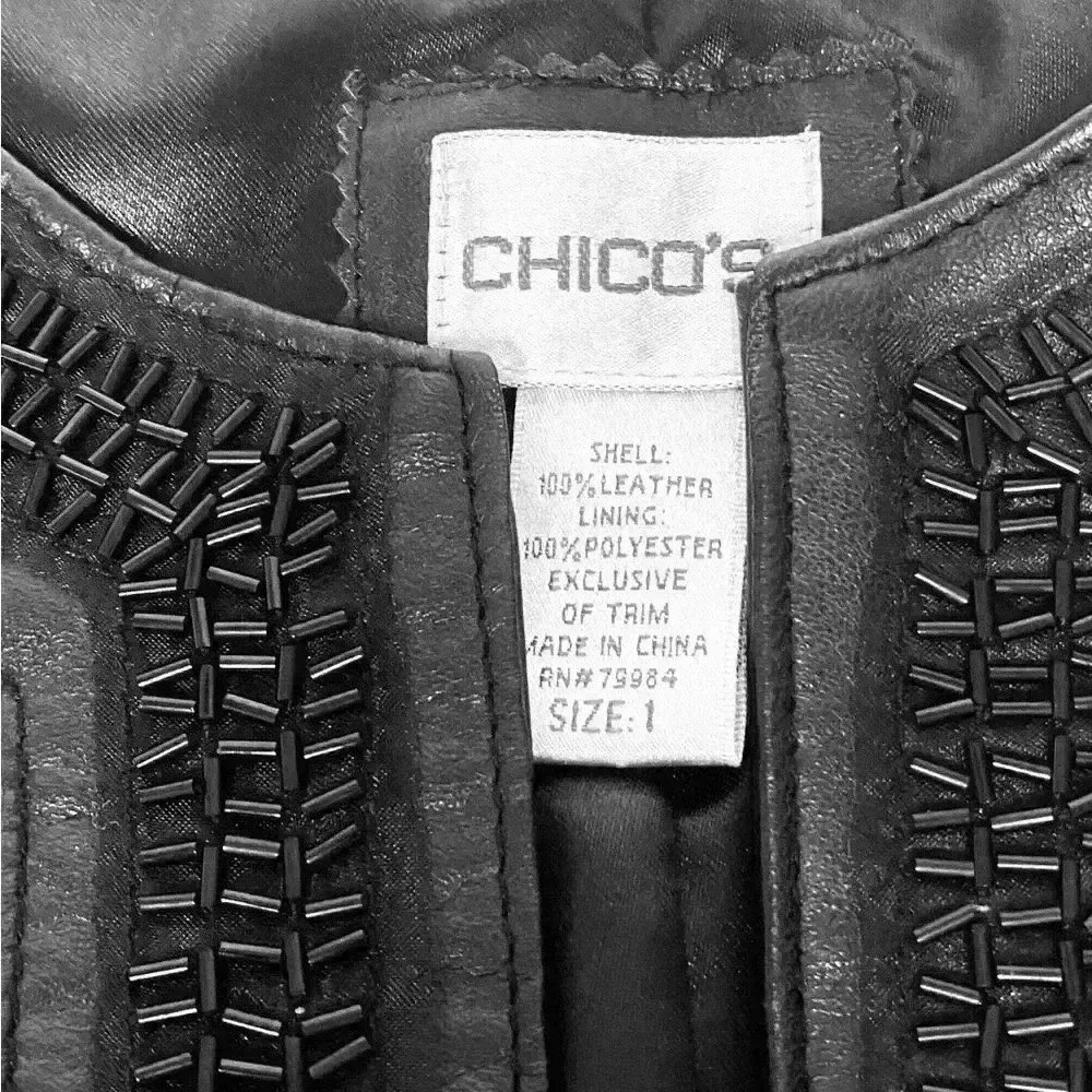 Chicos size 1 black leather jacket jewel trim neckline and front 3 snap closure - Picture 5 of 6